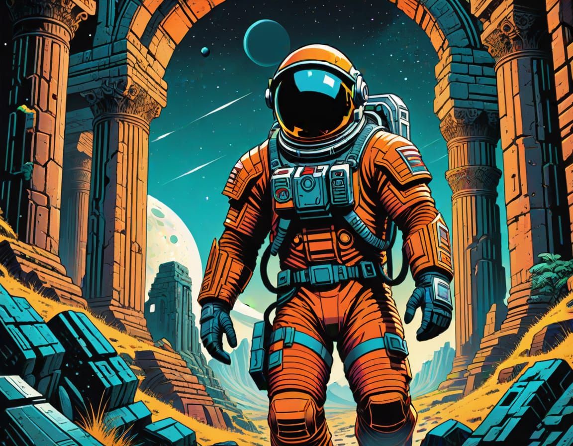Astronaut Exploring Ancient Ruins in Retro Comic Style
