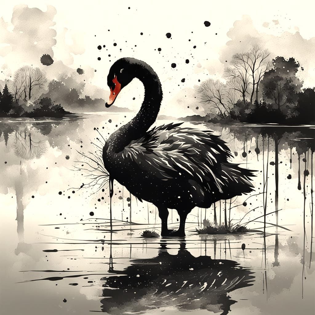 Black Swan Ink Splatter Art on Lake
