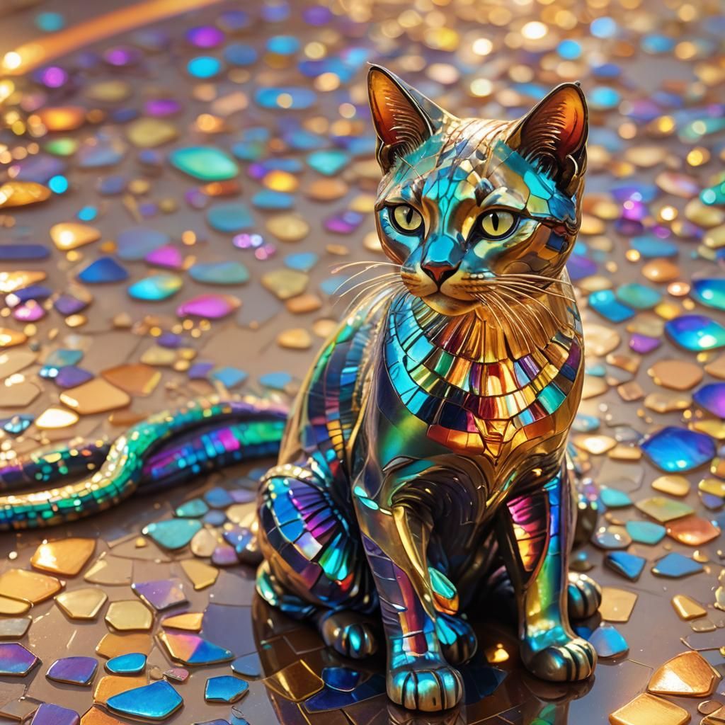Rainbow Egyptian Glass Cat: Detailed Matte Painting