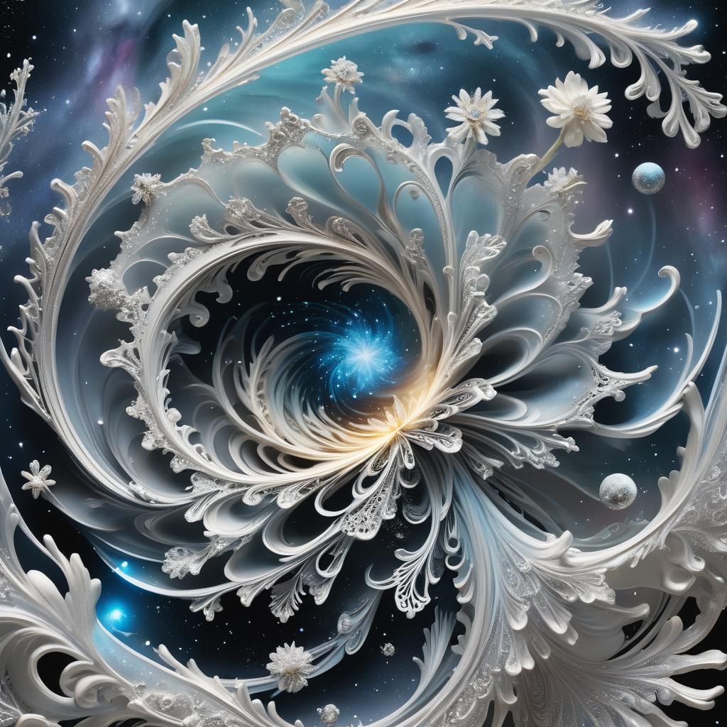 Andromeda Galaxy Blooms with Silver Filigree Patterns