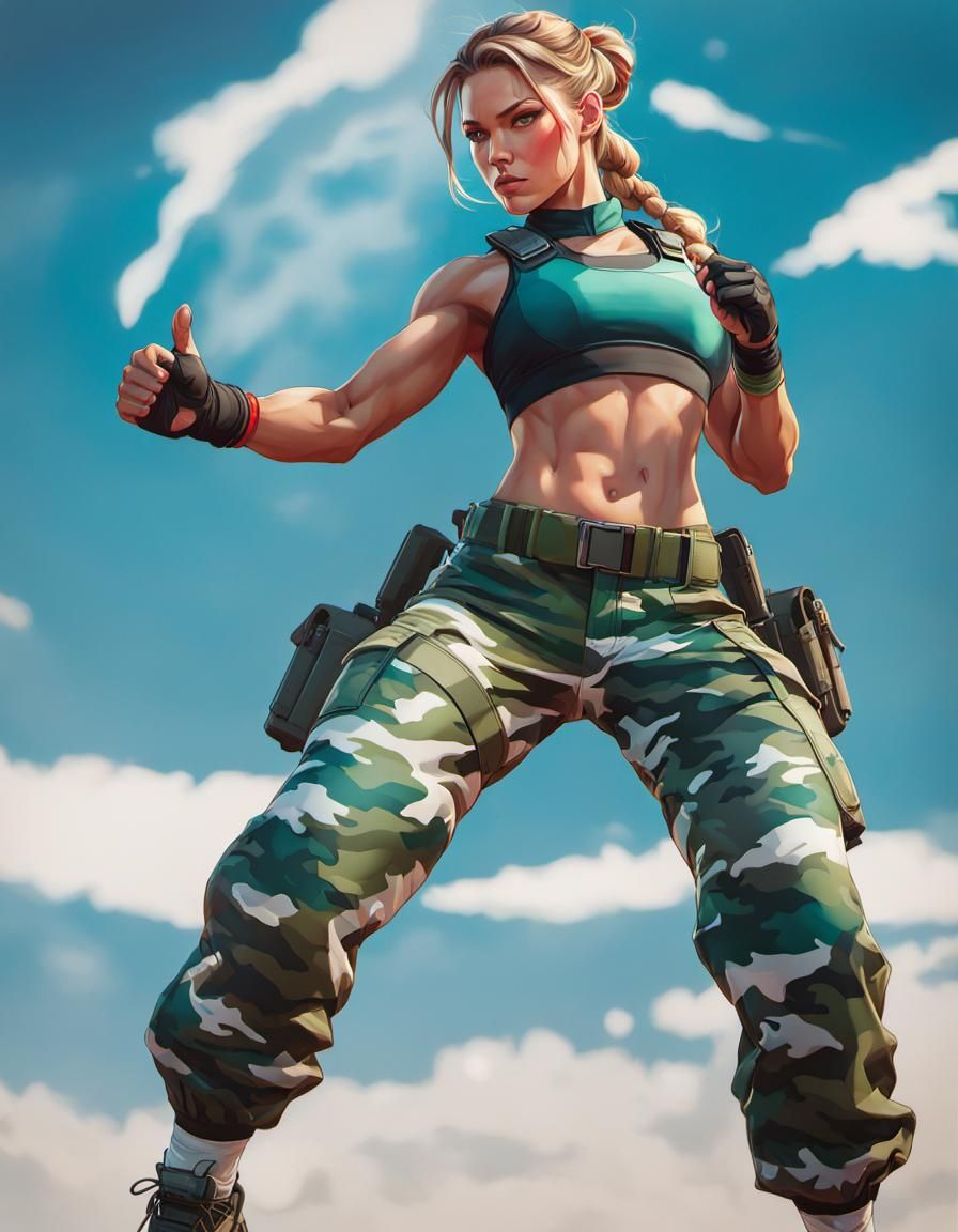 Cammy White, camo pants , fight pose