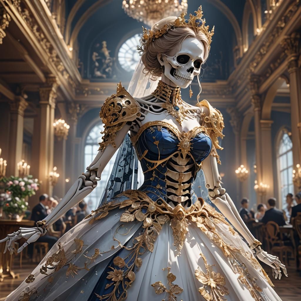 beautiful skeleton queen in a ballroom dress