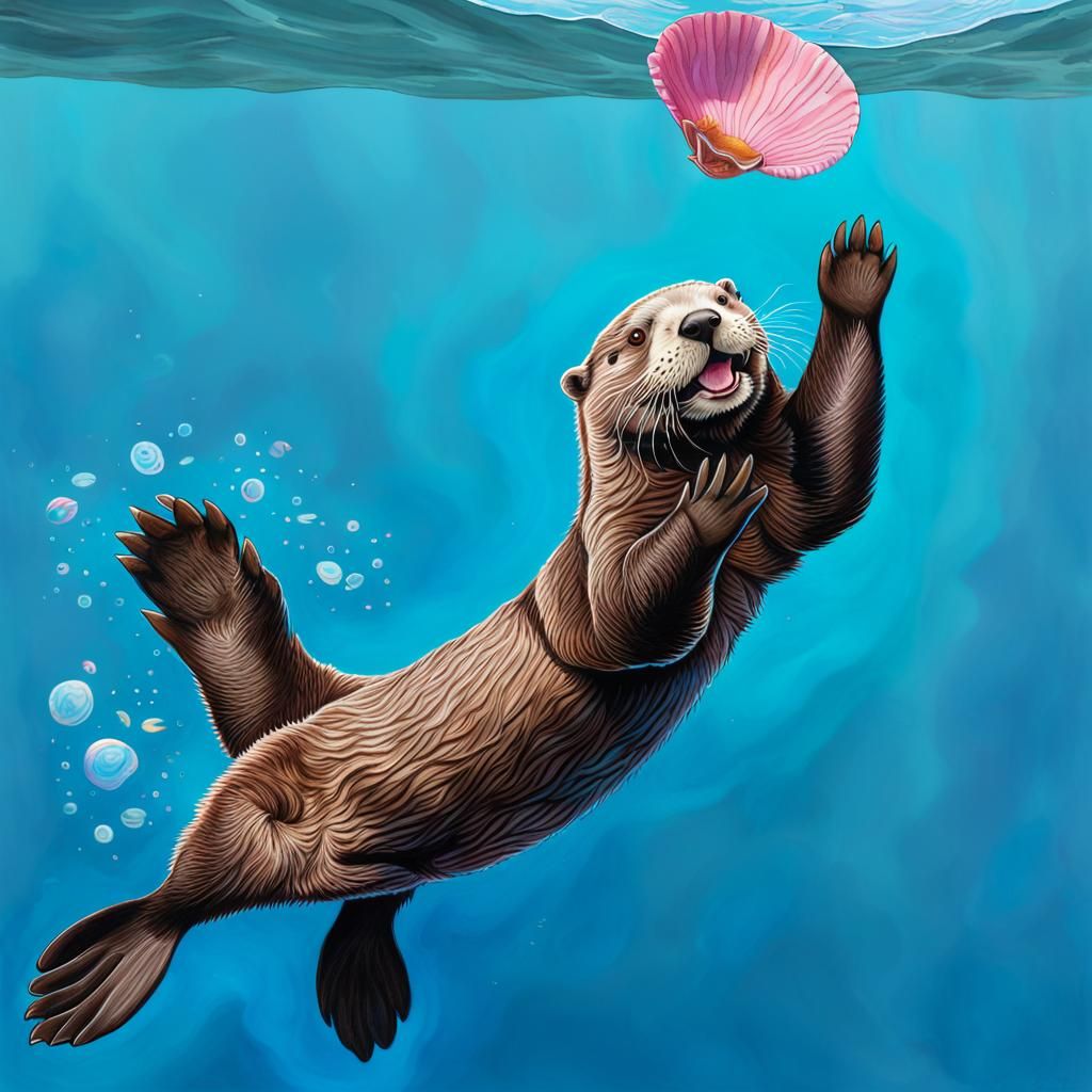 Delightful Otter with Clam Shell, Colored Pencil Drawing