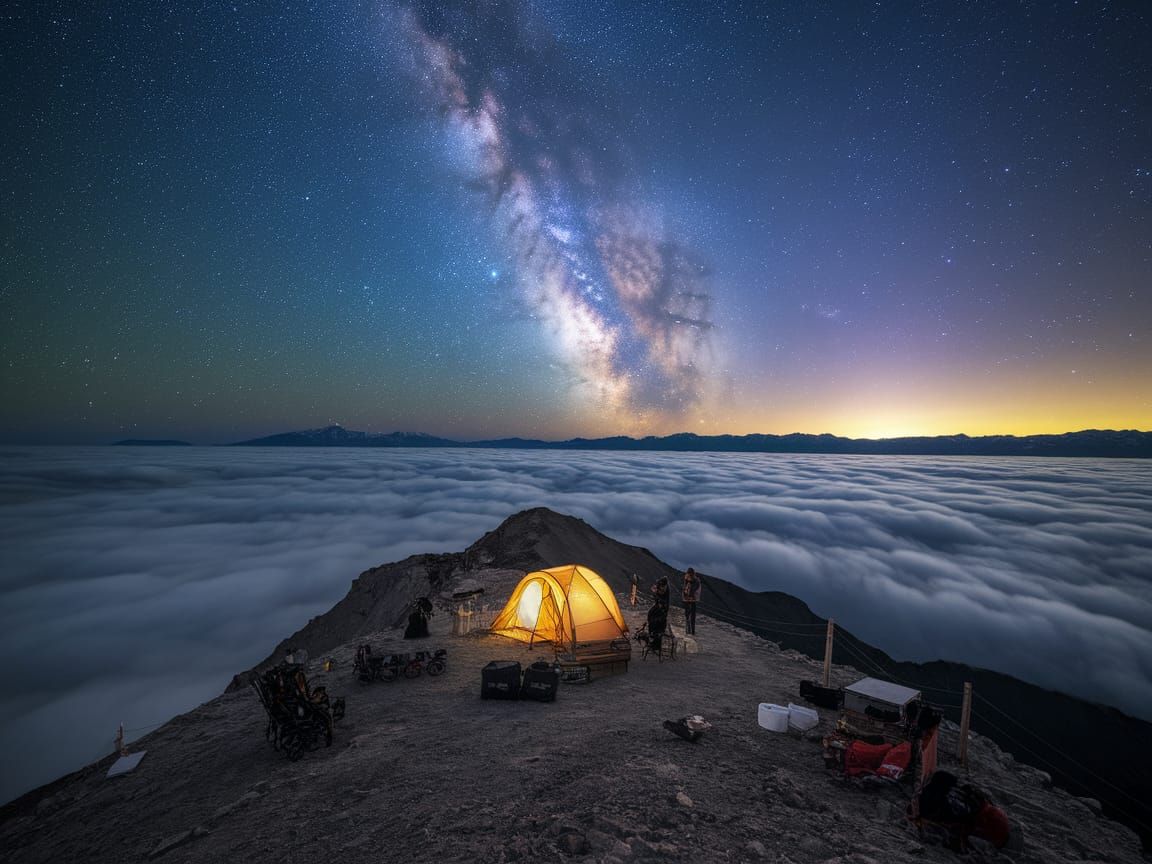 Ethereal Campsite Amidst Celestial Wonders in Cyberpunk Aest...
