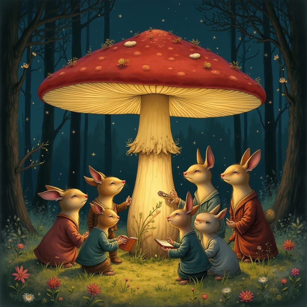 Enchanted Woodland Gathering Under a Mushroom Canopy