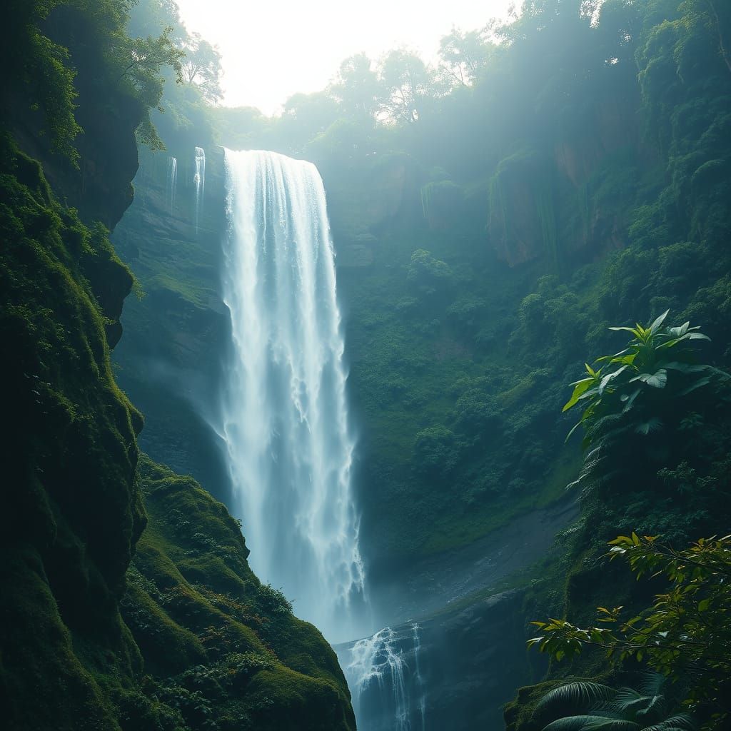 Ethereal Waterfall Woman in Jungle Art