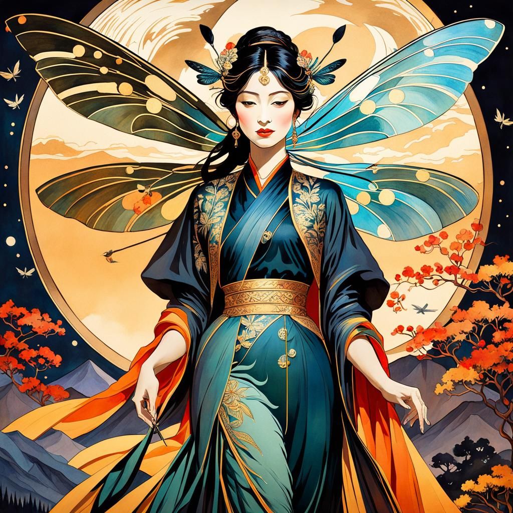 Asian Woman with Dragonfly Wings in Art Nouveau Style