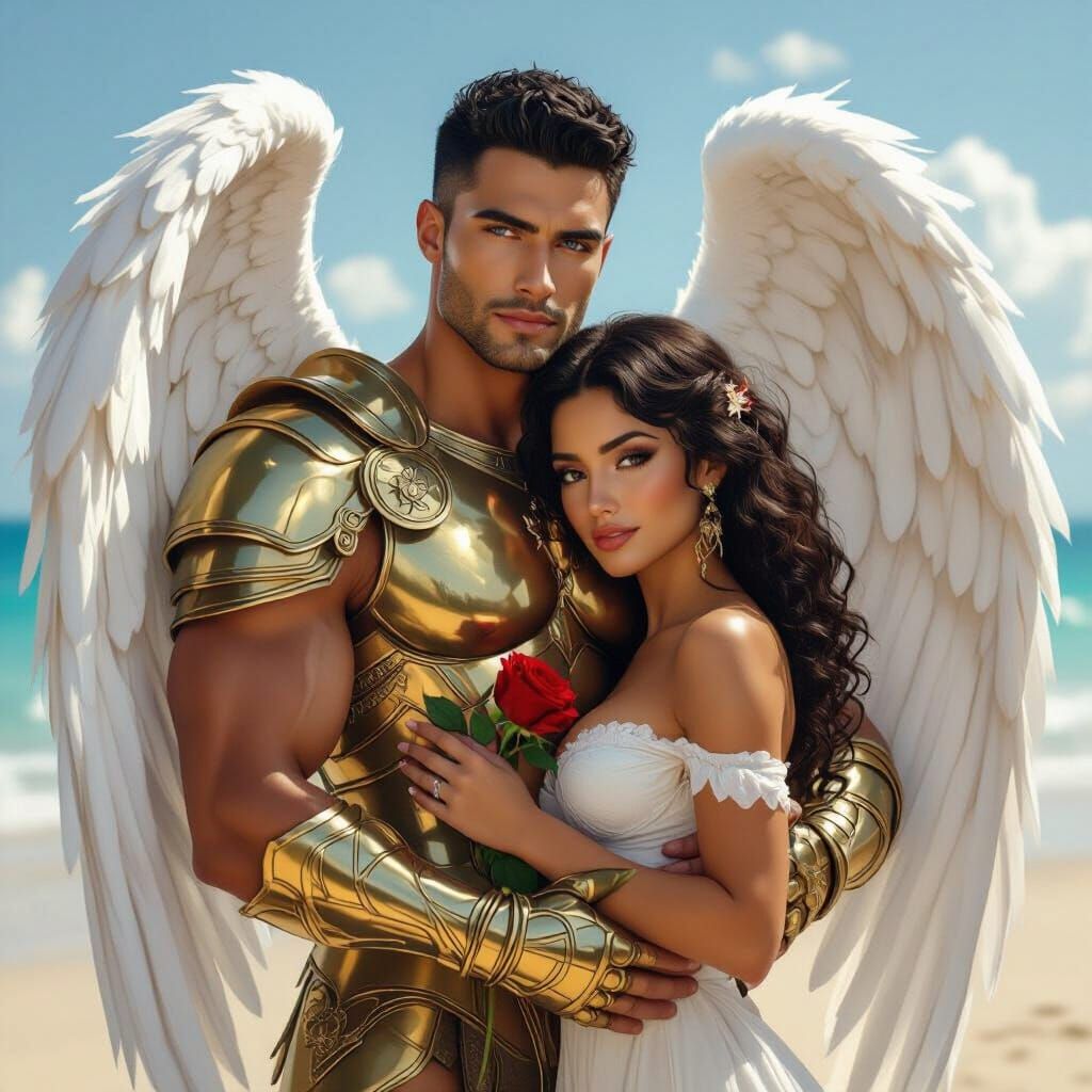 Hispanic Angel Embracing Woman on Beach, Detailed Matte Pain...