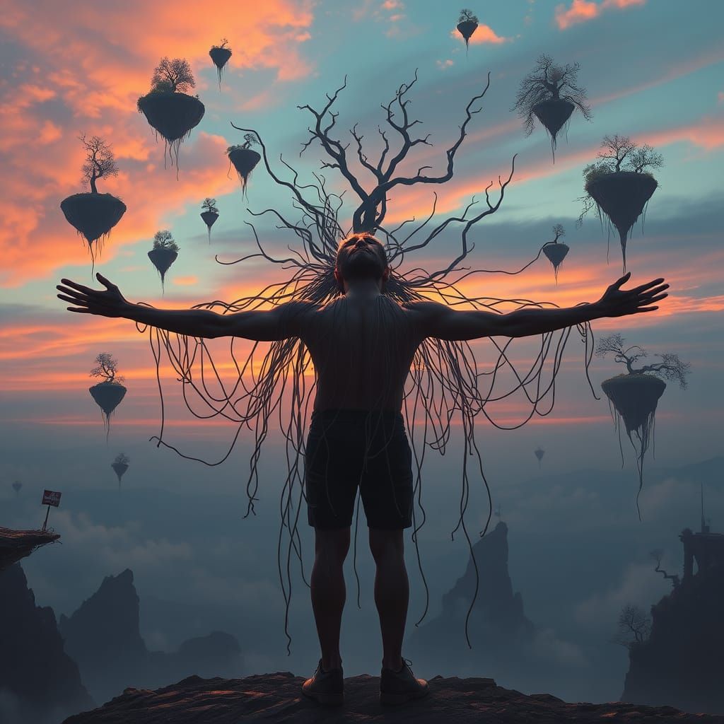 Surreal Man in Dreamlike Landscape with Intertwined Threads