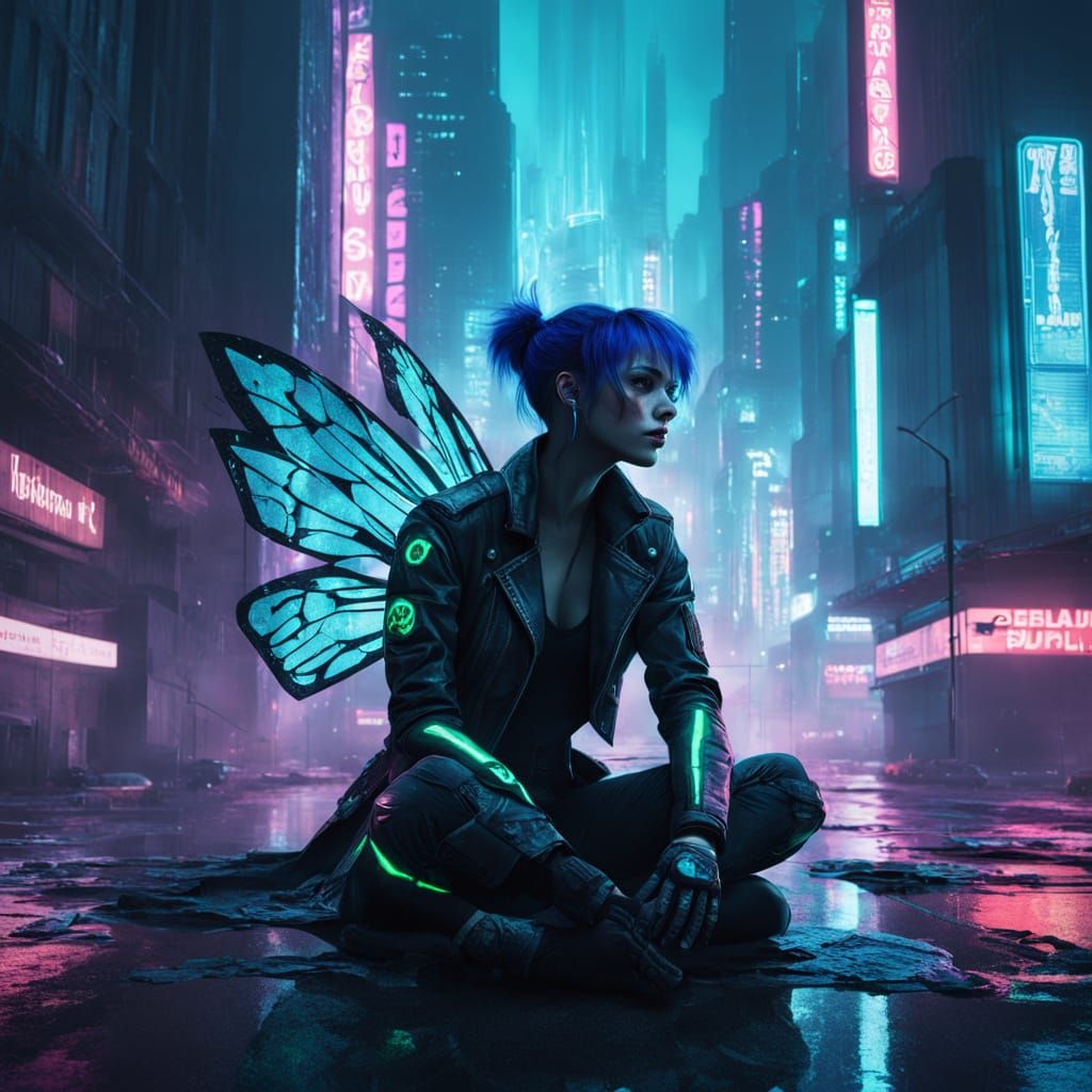 Cyberpunk Fairy in Neon Cityscape