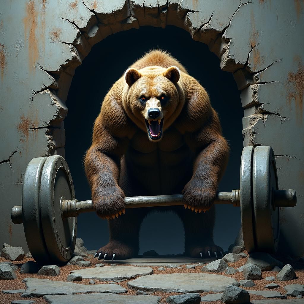 Grizzly Bear Emerges from Concrete Wall in Dark Fantasy
