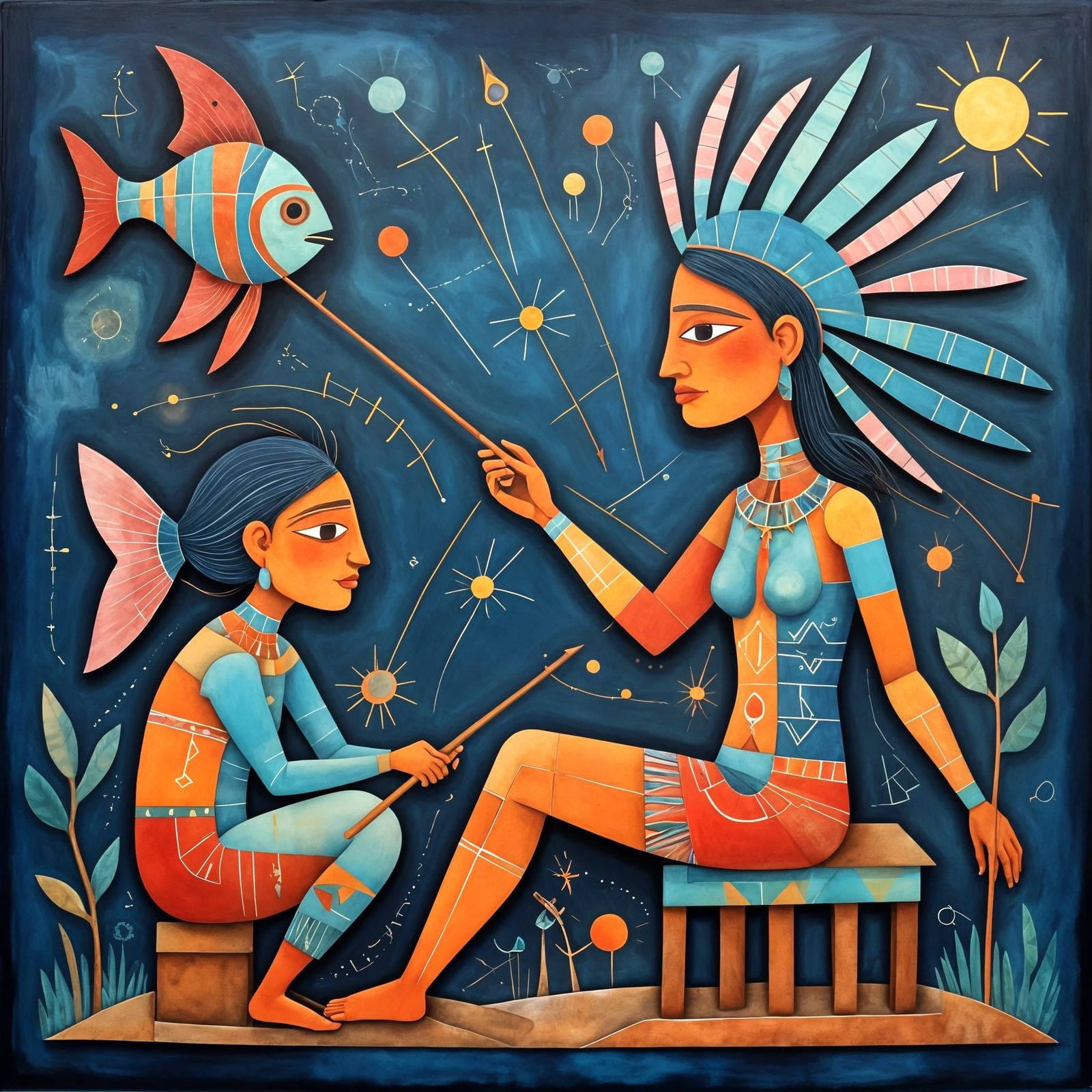 Night Fishing Boat with Illuminated Fish in Geometric Style