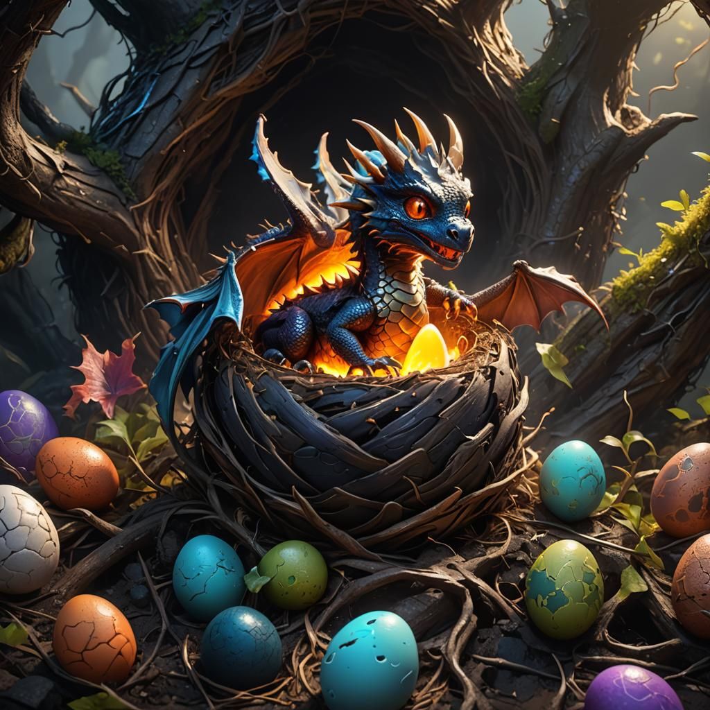 Baby Dragon Hatching from Glowing Egg
