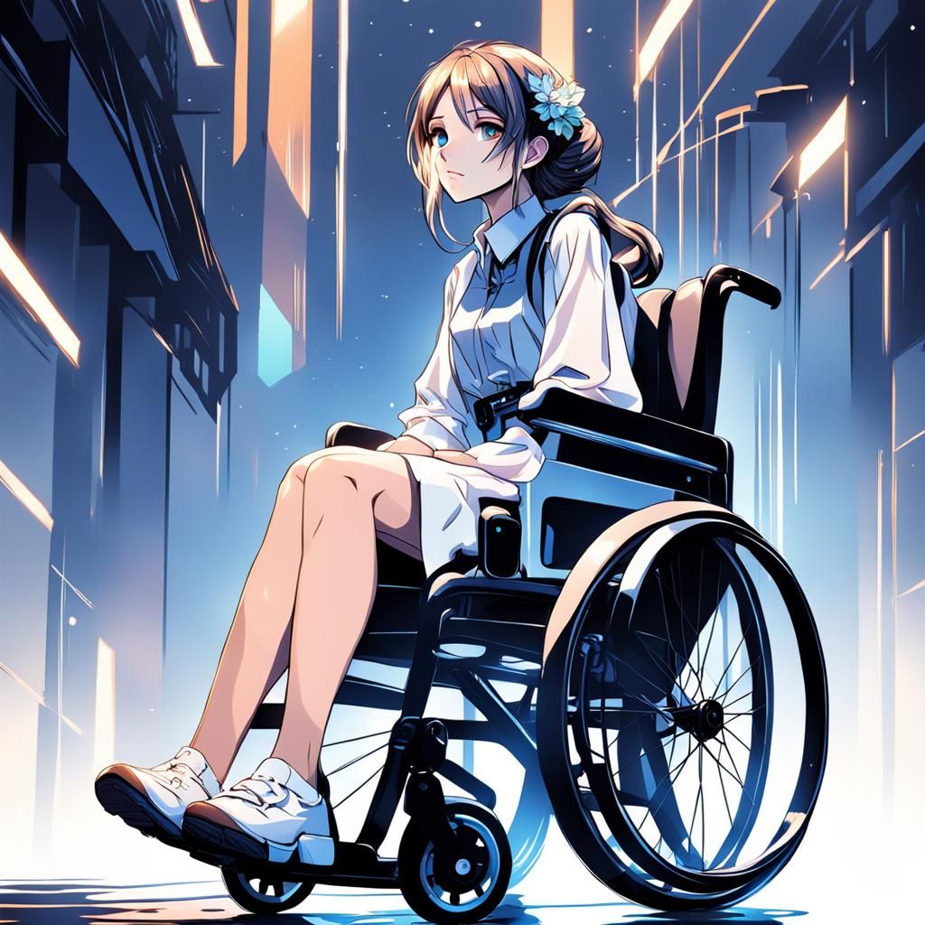 Anime Woman in Wheelchair, Cel-Shaded Manga Art