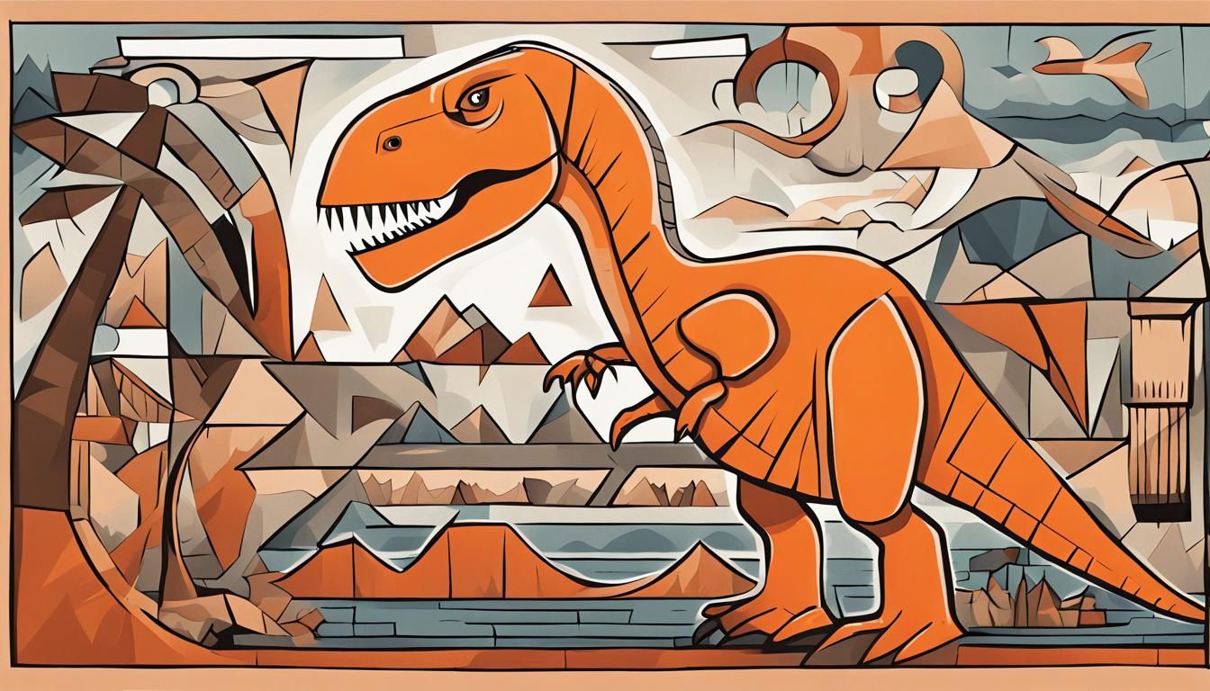 Cubist T-Rex Gazing at Abstract Noah's Ark