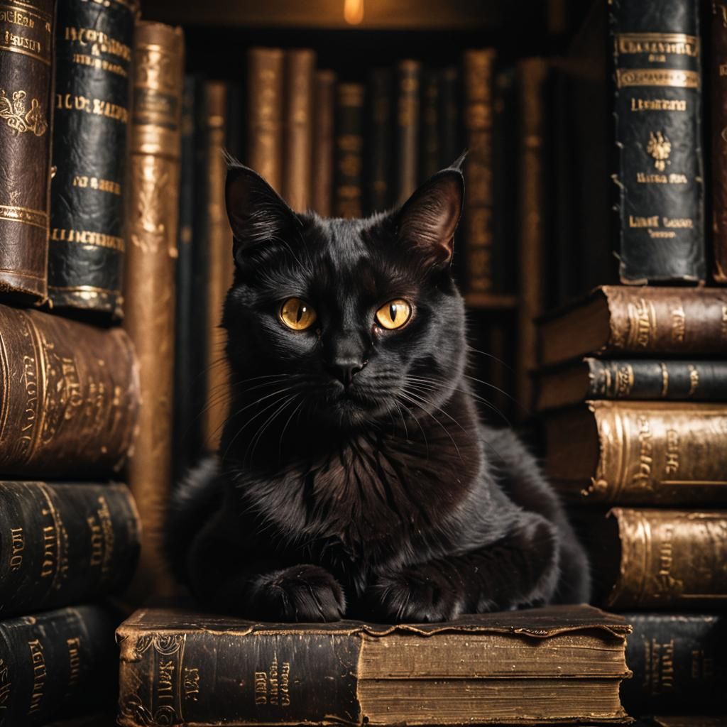 Black Cat in Mystical Library: Dark Academia Style