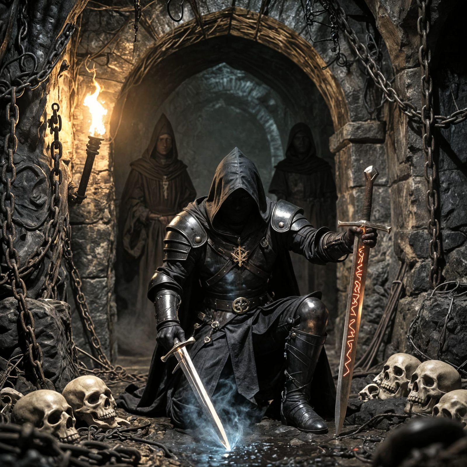 Dungeon Encounter: Knight, Wizard, Priest in Dark Fantasy St...