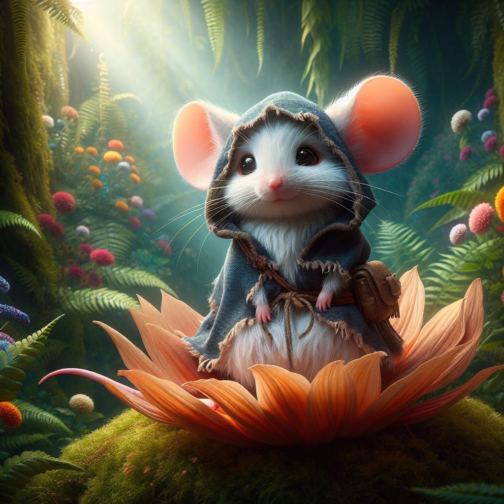 Mouse in Blue Cloak on Orange Flower in Forest