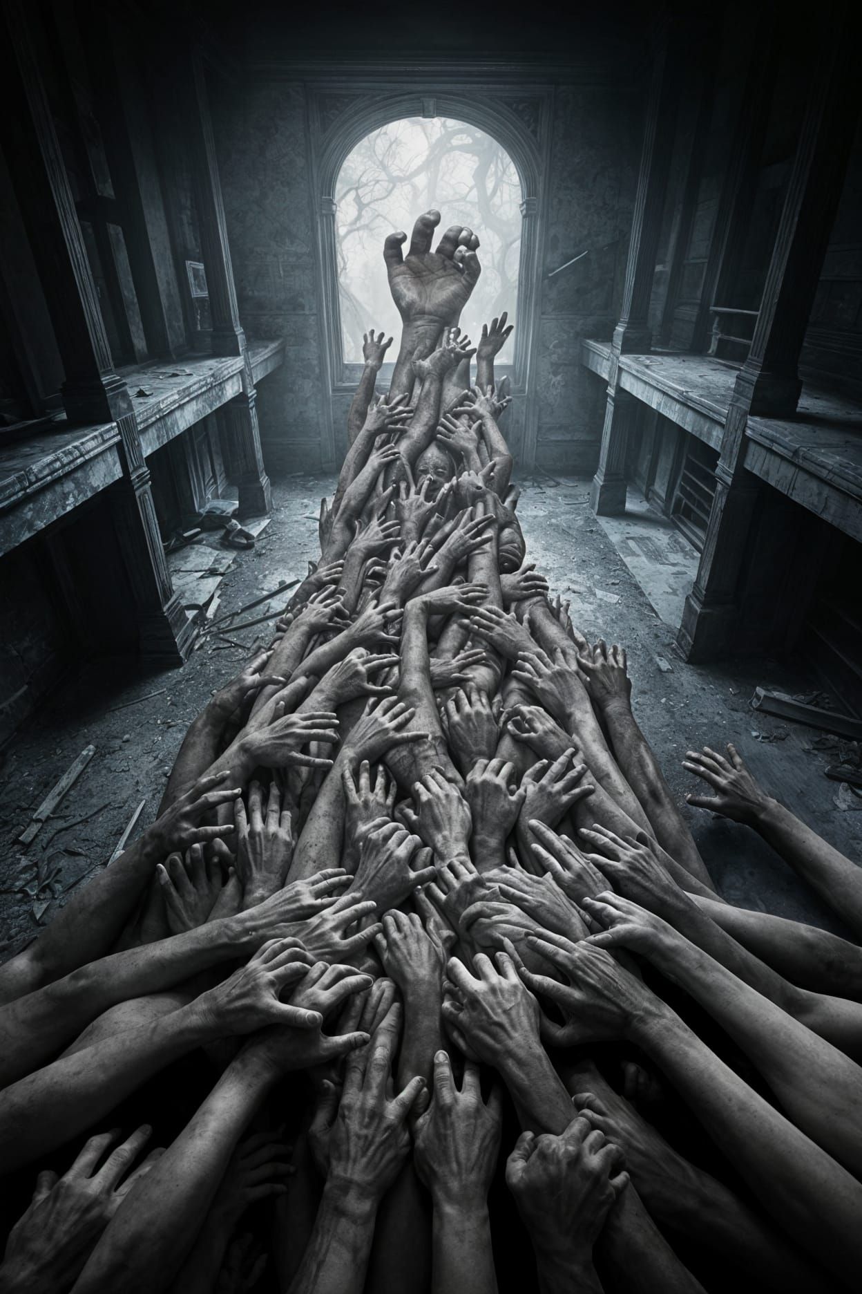 Surreal Horror Scene of Crawling Serpentine Creature in Aban...