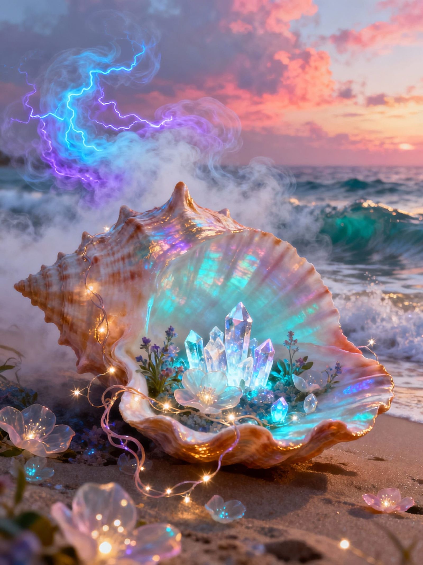 Electroluminescent Fairytale Inside Conch Shell on Beach