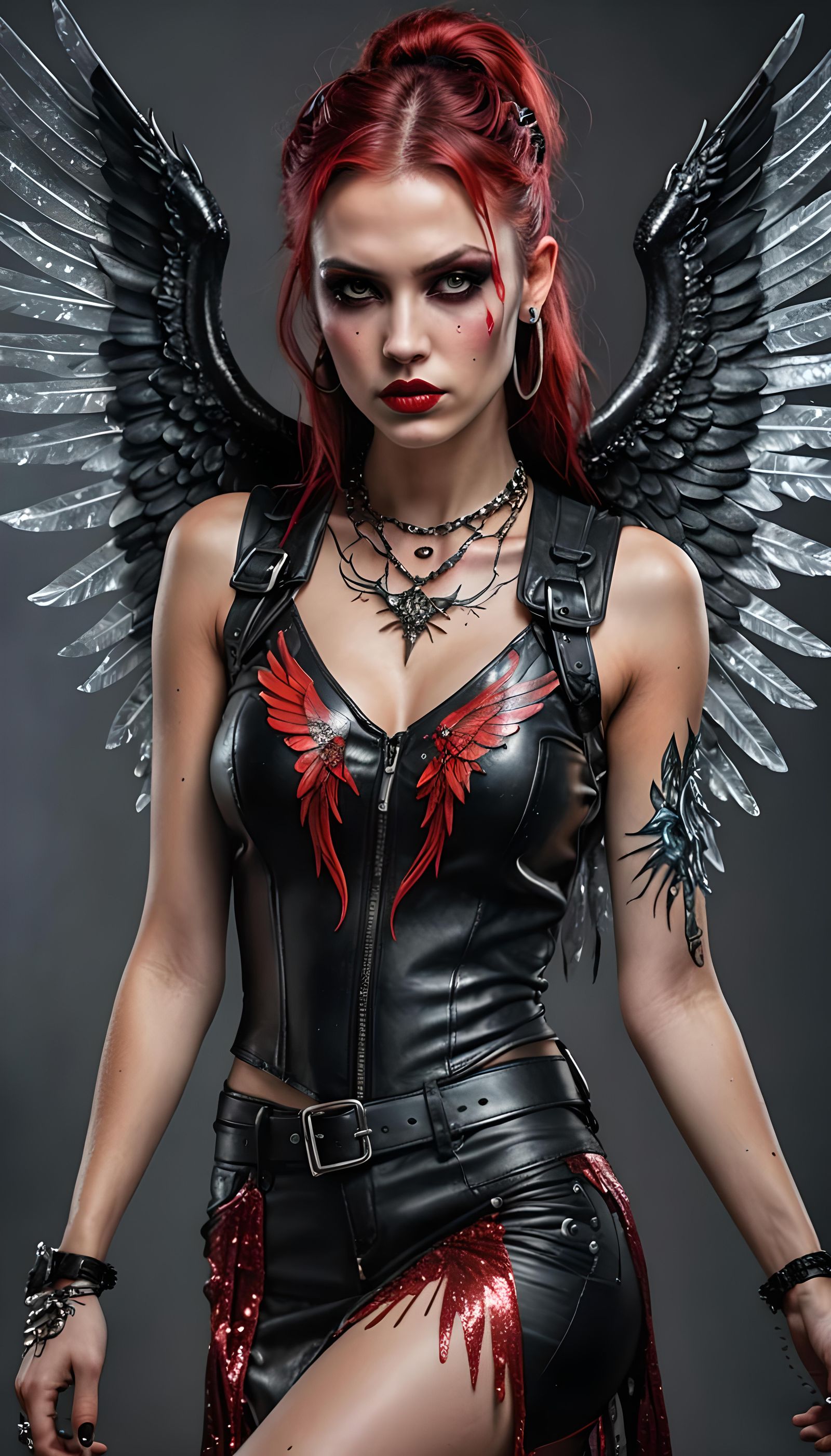 An Angelic Demonic with tattoo designs with outstretched win...