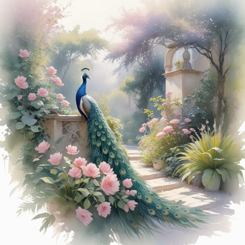 Elegant Peacock in Sunlit Garden: Pastel Watercolor Art