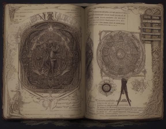 ancient tome, magical glyphs and hunting guide, blood staine...