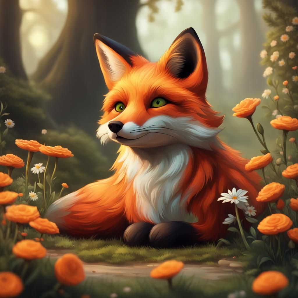 Fox in Field of Flowers: Realistic Fantasy Artwork