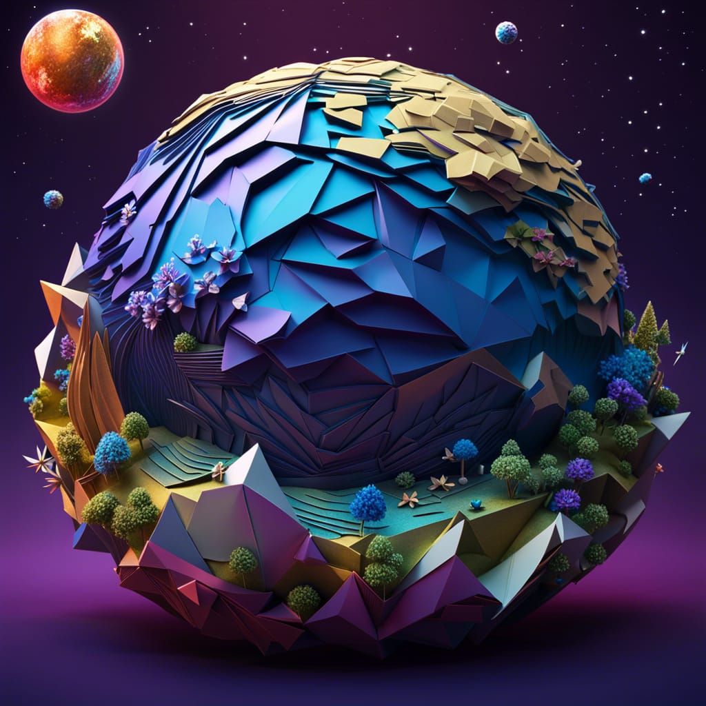 Origami Planet in Outer Space Digital Painting
