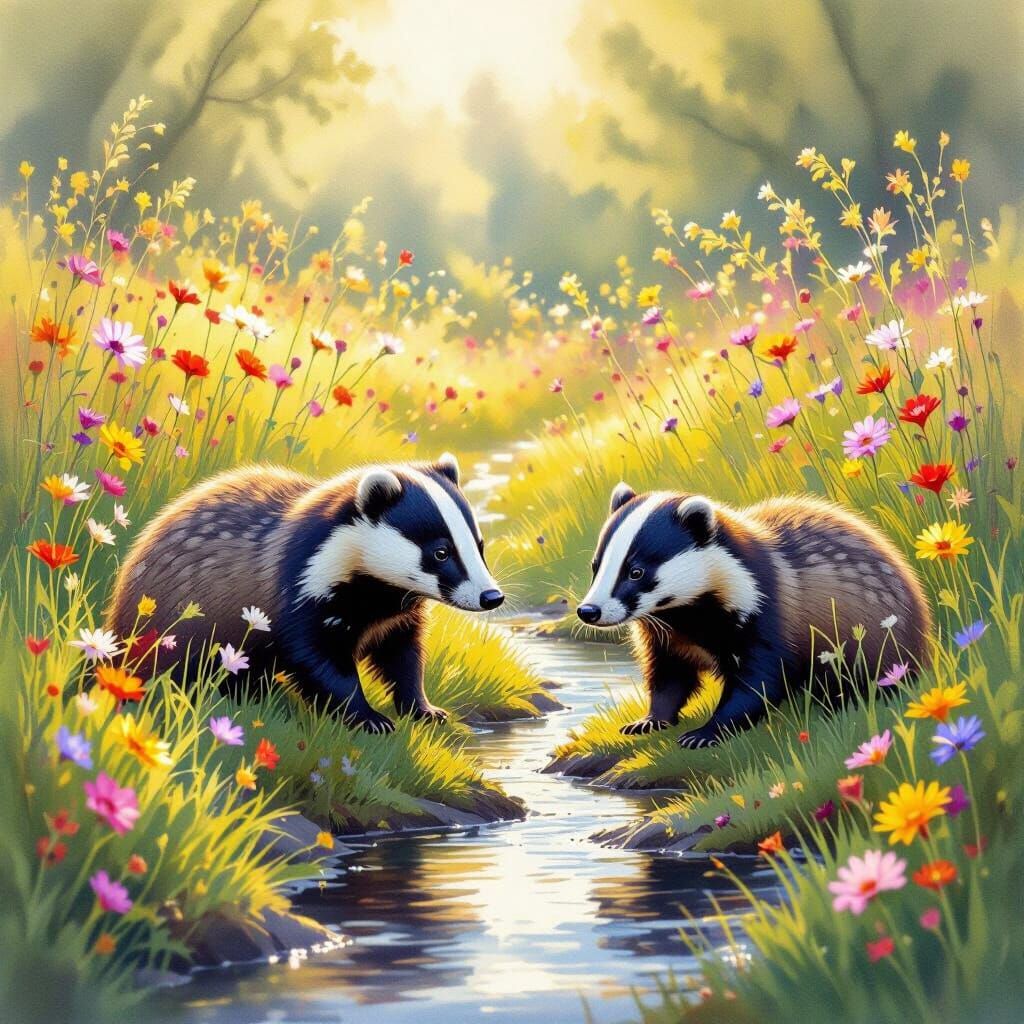 Badger Family Frolicking in Wildflower Meadow as Watercolour