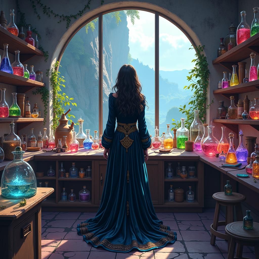 Enchanting Witch in Potion Room with Magical View