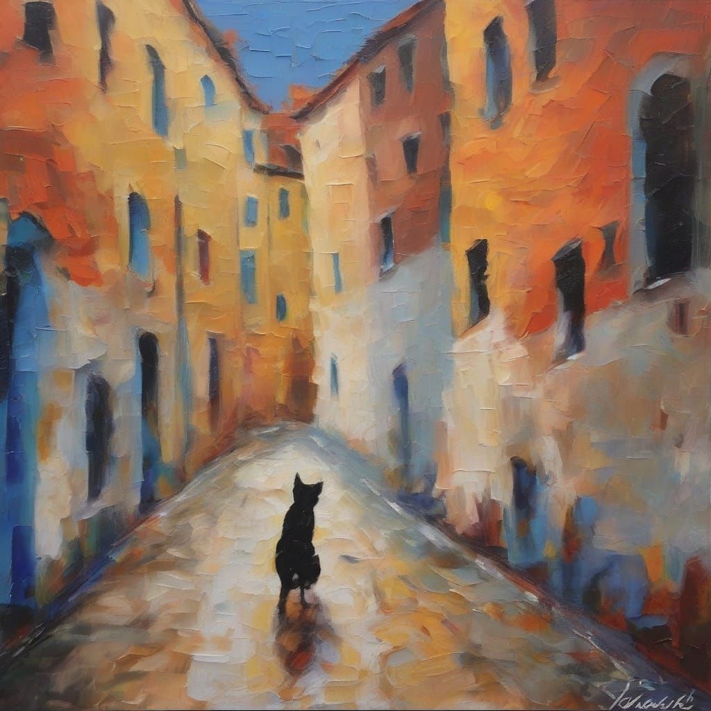 Cat Walks Buda to Pest in Vibrant Oil Painting