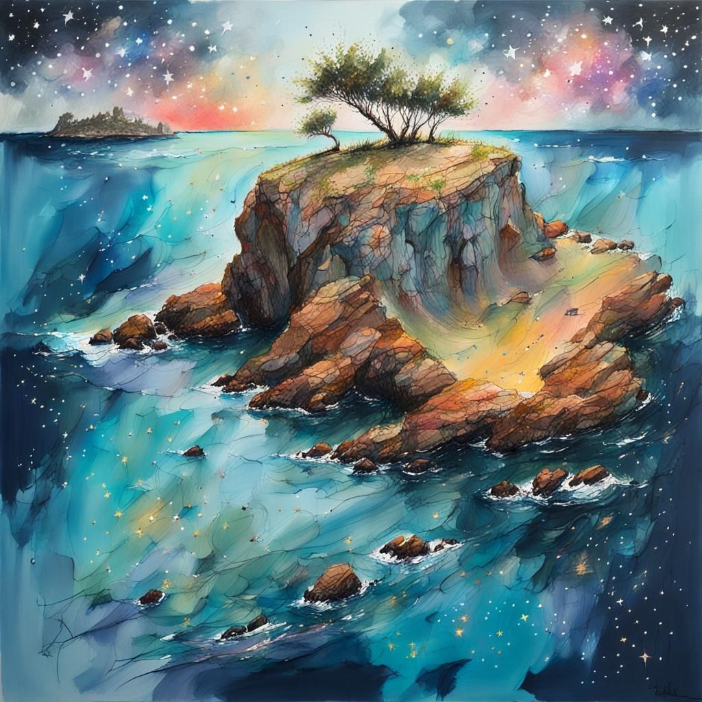 Pointillist Island in Stormy Ocean with Starry Sky