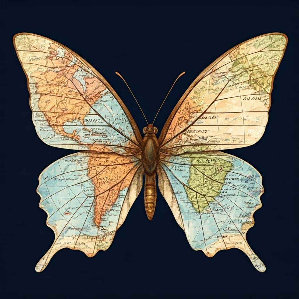 A butterfly painted with a map of its migration from South America to North America