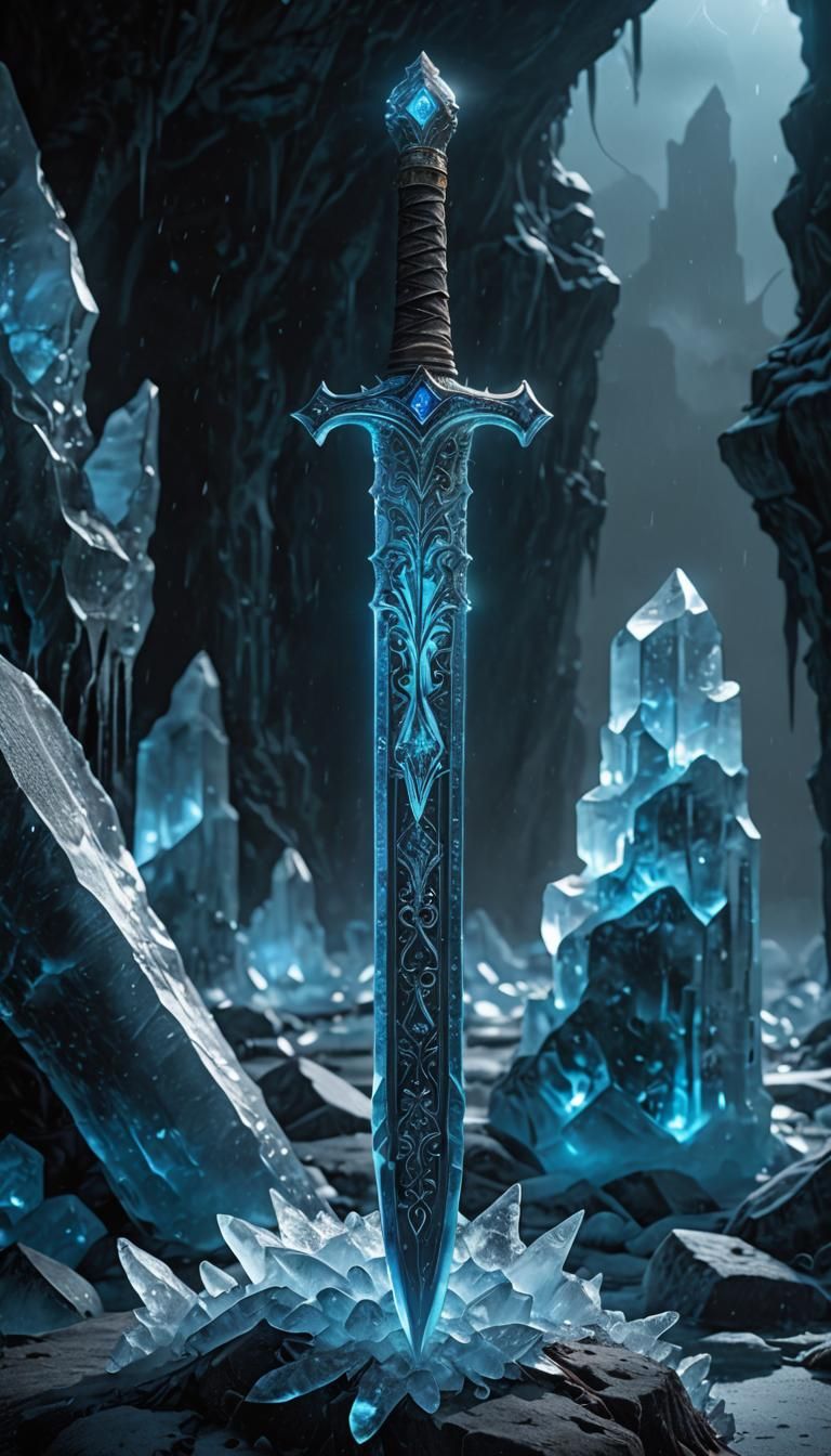 Neon Blue Ice Sword in Medieval Fantasy Style