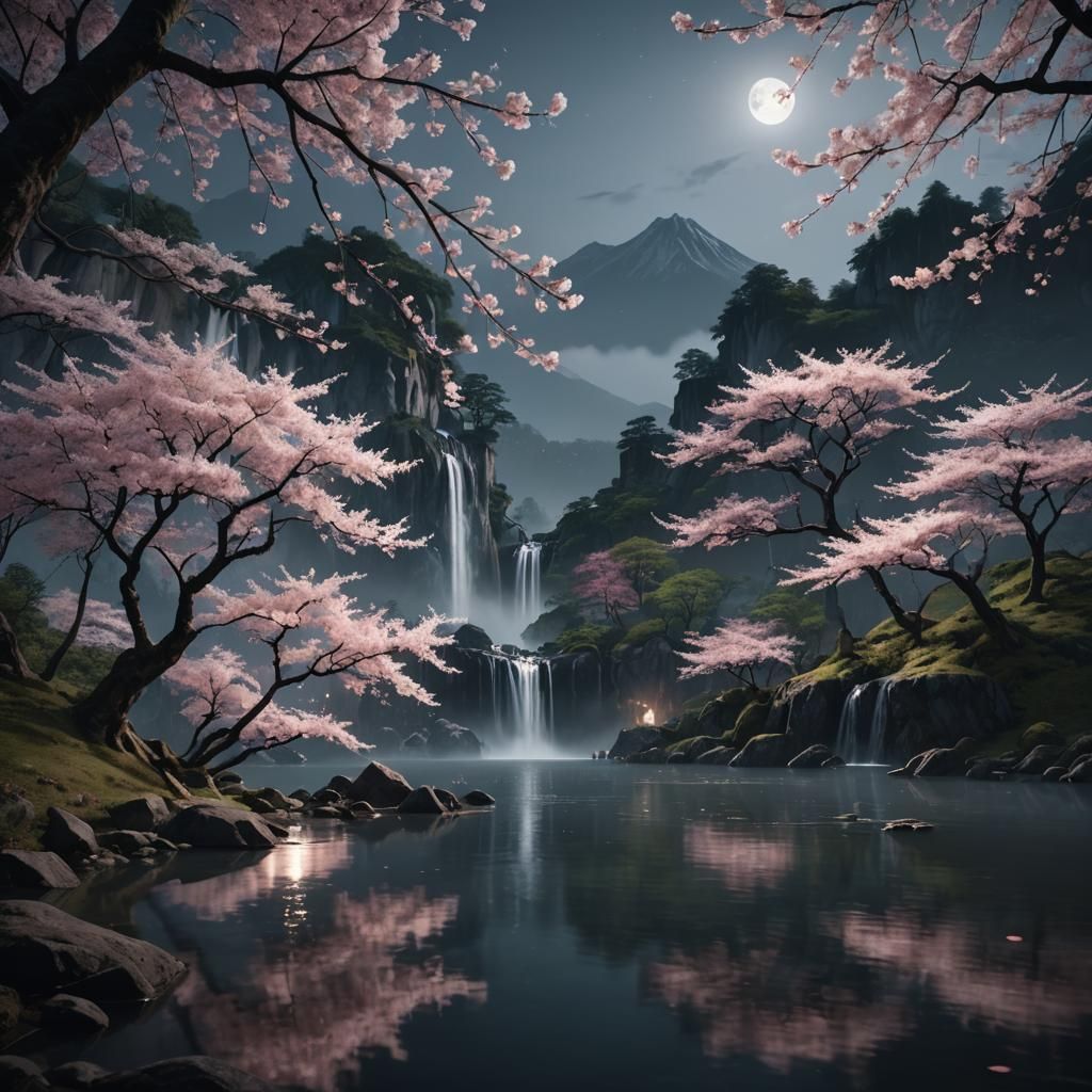 Sakura Trees by Lake at Night in 3D Style