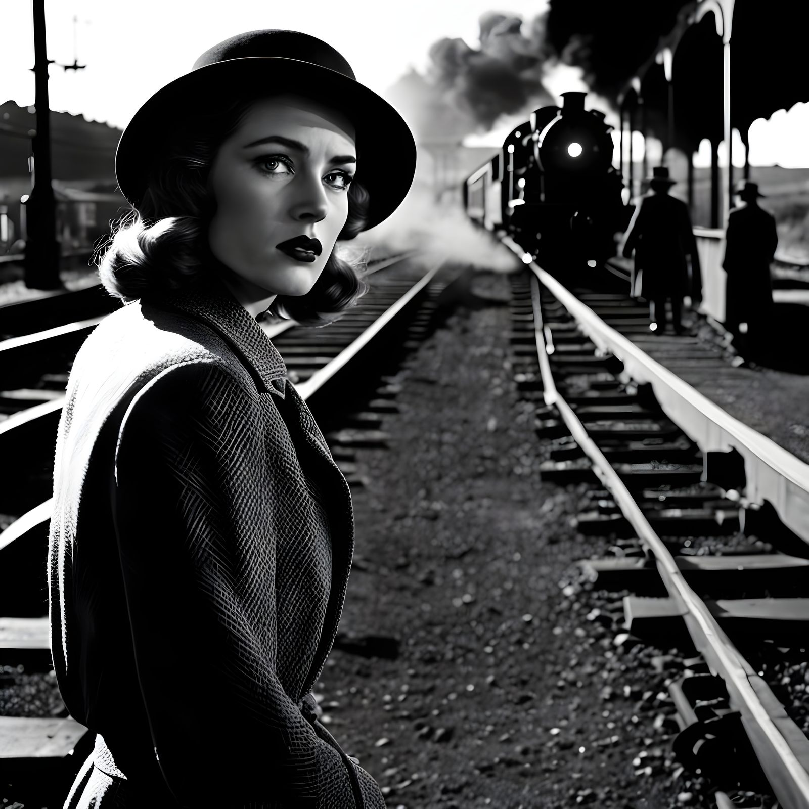Vintage Steam Train Damsel in Distress Black and White