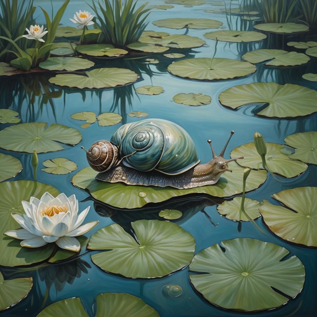 Envious Snail Gazing at Frog in Surreal Oil Painting