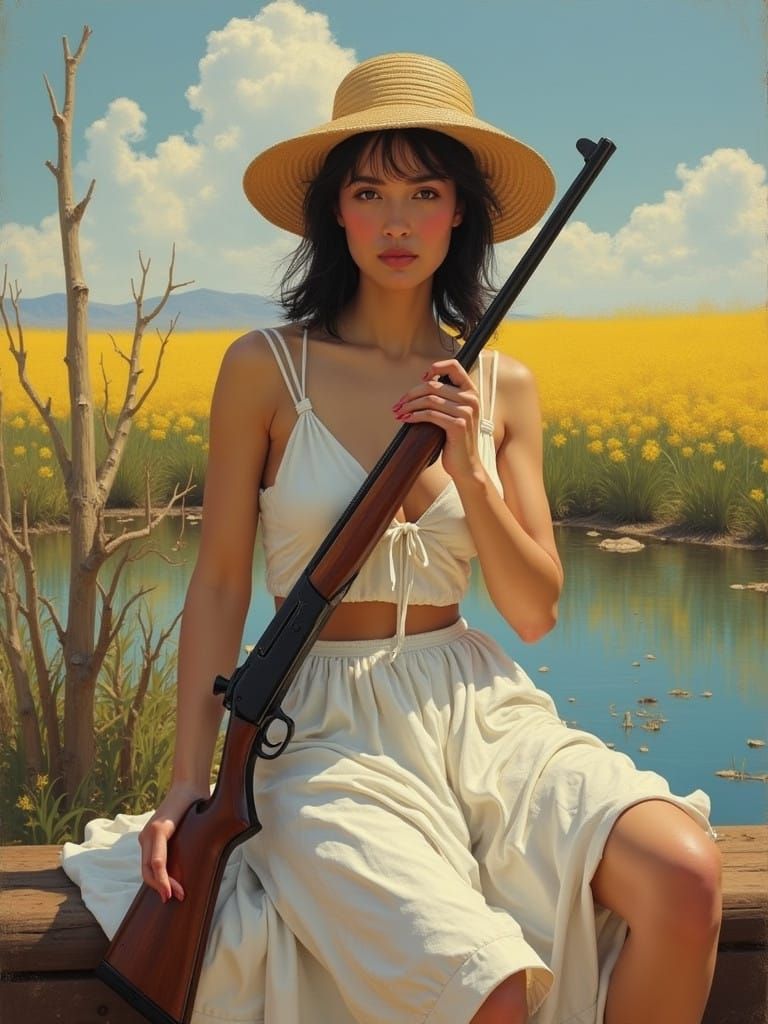 Woman Holding Rifle in a Dynamic Brushwork Style
