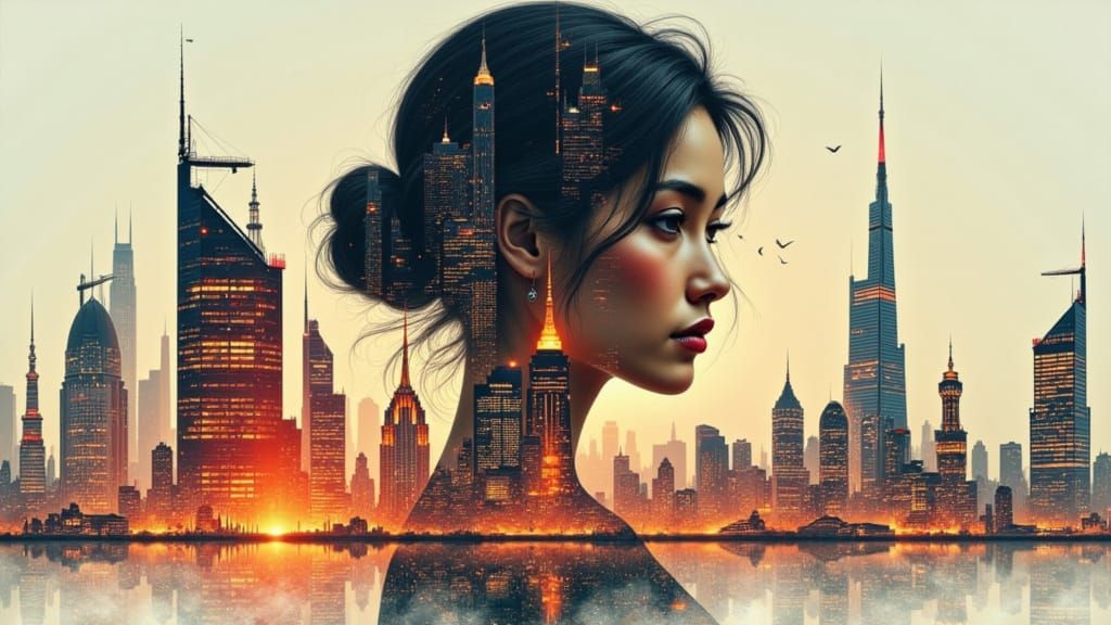 Woman Stands Resolute in Vibrant, Organic Cityscape