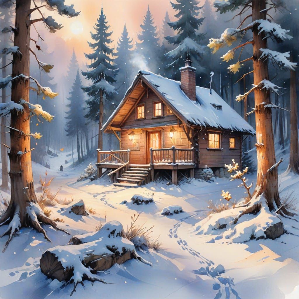 Winter Chalet in Pine Forest, Holiday Card Illustration