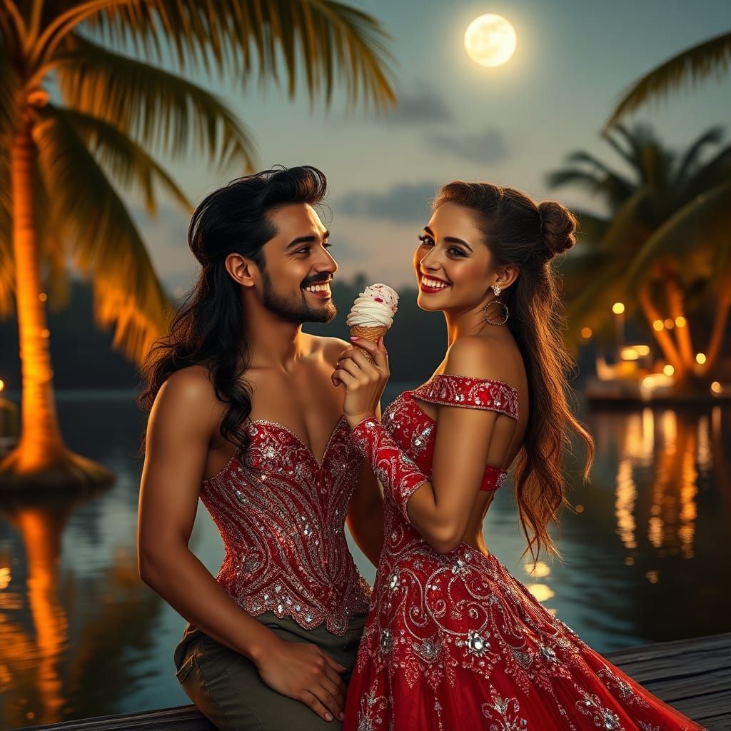 Romantic Lakeside Ice Cream Scene in Photorealistic Style