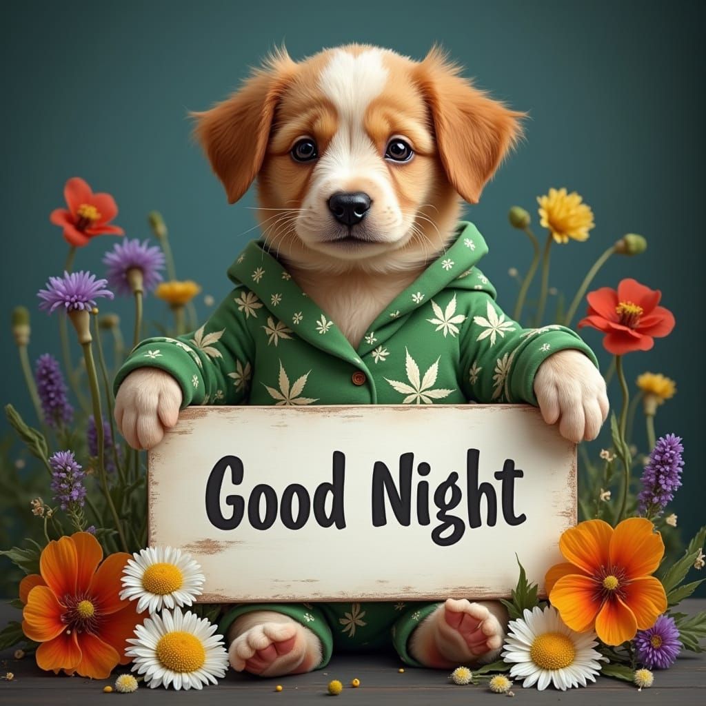 Puppy in Pajamas Surrounded by Flowers