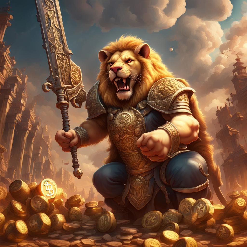 Coin Master Lion Confronts Bitcoin Pig: Fantasy Art