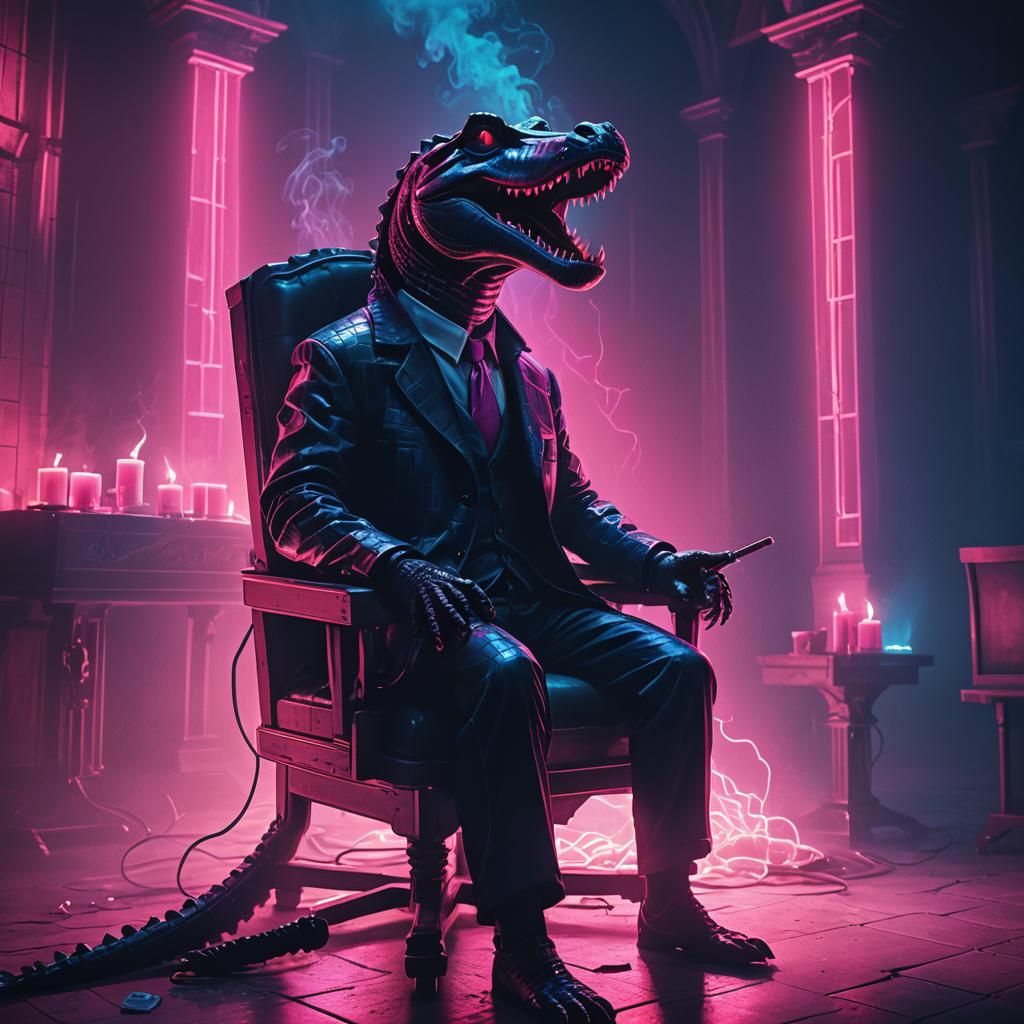 Alligator in Electric Chair: Synthwave Neon Retro