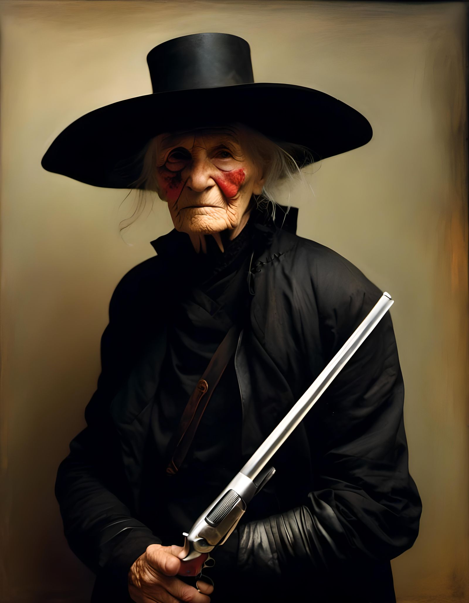 Zorro Old Woman with Revolver in Tonalist Style
