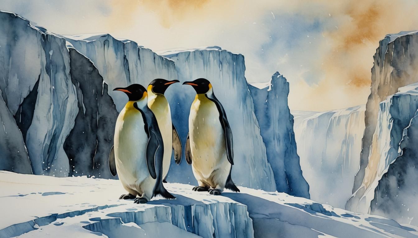 Majestic Emperor Penguin on Antarctic Cliff in Watercolor St...