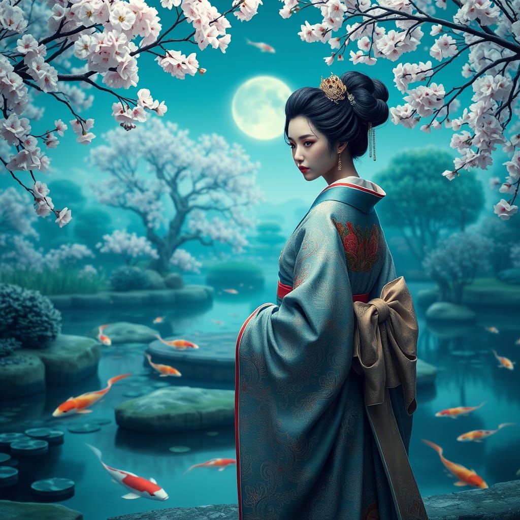 Japanese Princess in Serene Garden, Digital Art