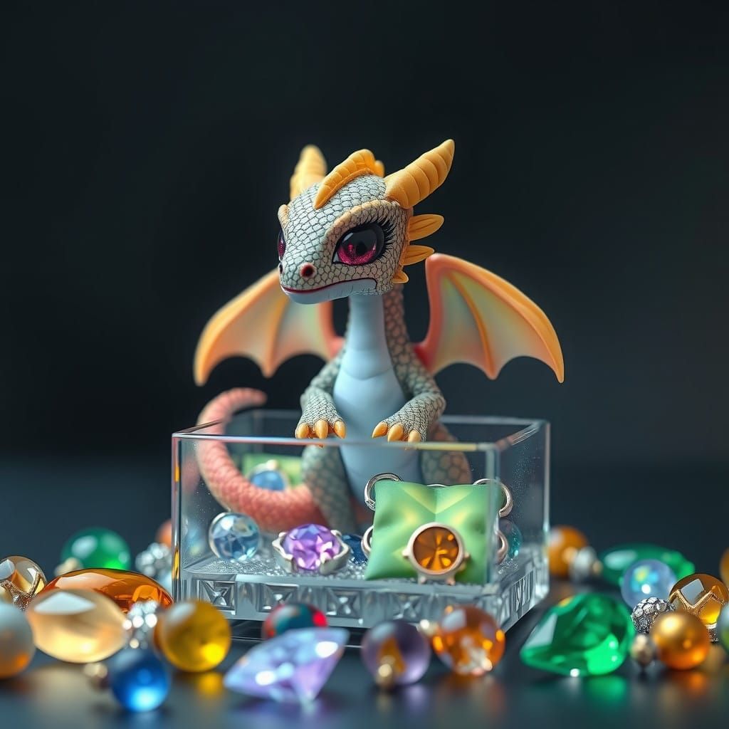 Miniature Dragon Surrounded by Glowing Glass Jewels in an Or...