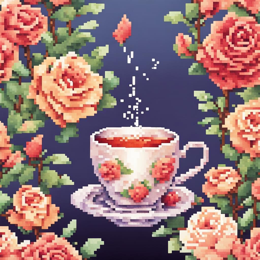 Steaming Rose Tea in Pixel Art Style